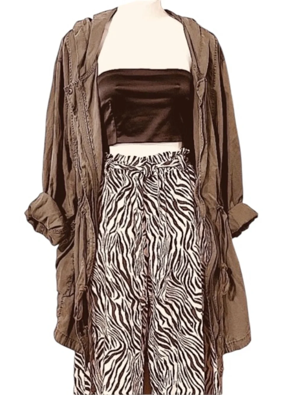 High Waisted Womens Cropped Wide Leg  Brown & Cream Zebra Print Flowy Pants S
